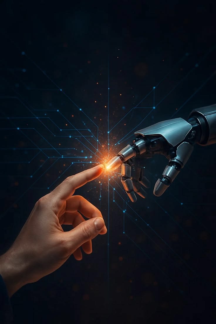 Human and robot hands connecting over digital circuit background