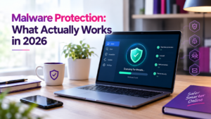 Malware protection software showing antivirus security shield in 2026