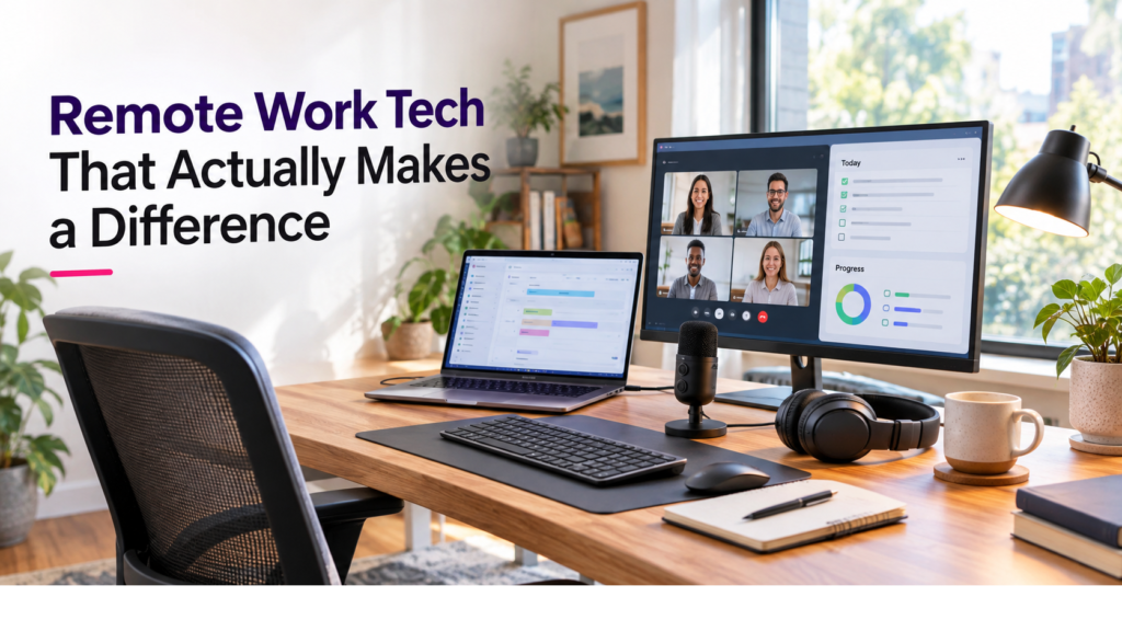 Remote work tech setup with laptop and productivity gadgets