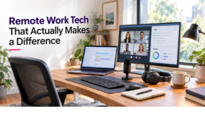 Remote work tech setup with laptop and productivity gadgets
